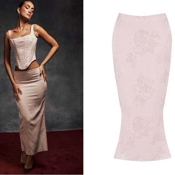 House of CB ‘Luisette’ Pink Metallic Floral Satin Midi Skirt NWOT - Picture 3 of 12